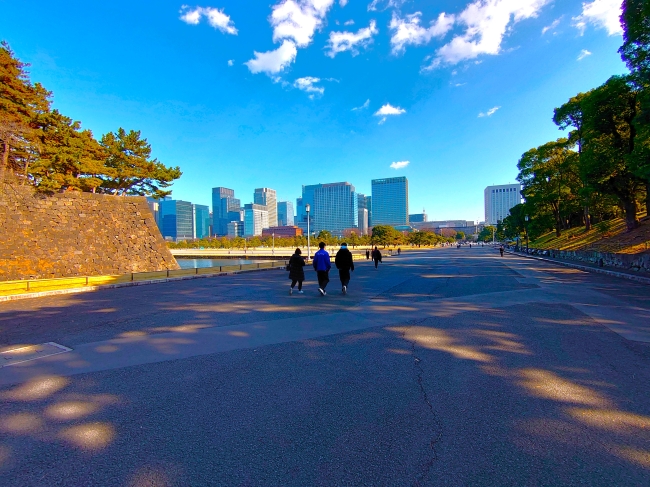 正面には丸の内のビル街が